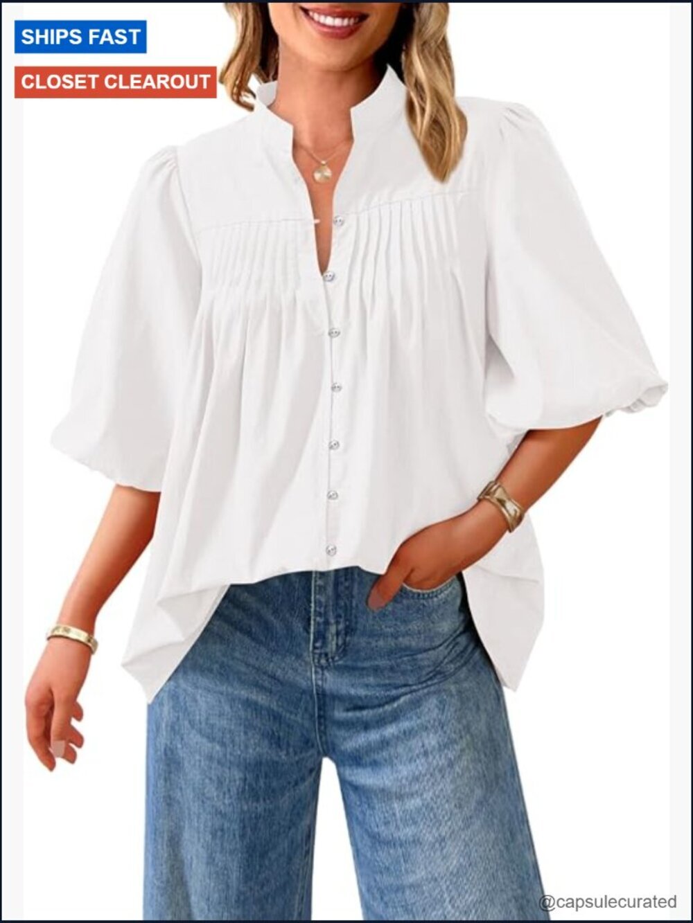 Women's Short Lantern Sleeve V-Neck Button Down Blouse Loose Fit Summer Top